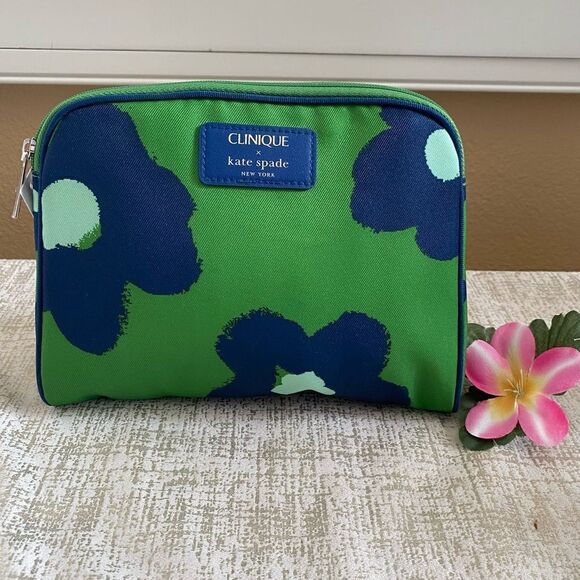 Kate Spade x Clinique Collab Green/Blue Floral Zip Top Make Up/Cosmetic Bag. NWT - Picture 1 of 9